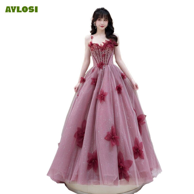 AyLosi-Robe de soirée de style princesse pour femme, appliques en dentelle, robe longue en fibre A-ligne, robe de Rhde banquet élégante, robes de Rhpour femme