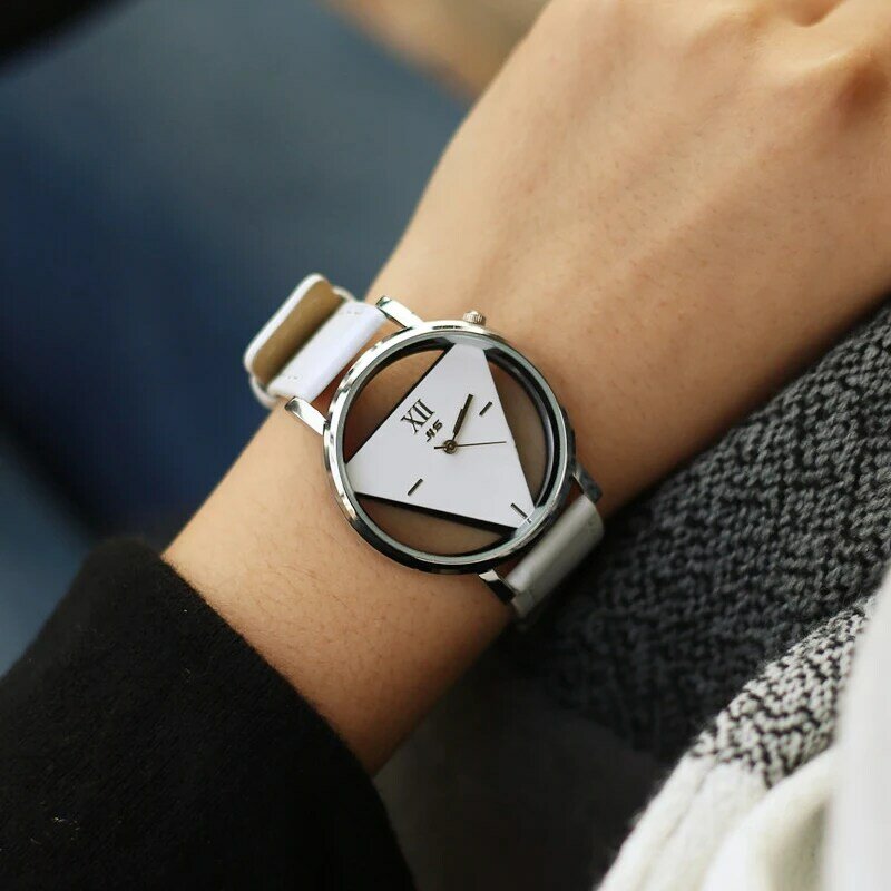 Moda triângulo oco feminino relógios de quartzo simples novidade individualismo criativo relógio de pulso casal preto branco relógio de couro
