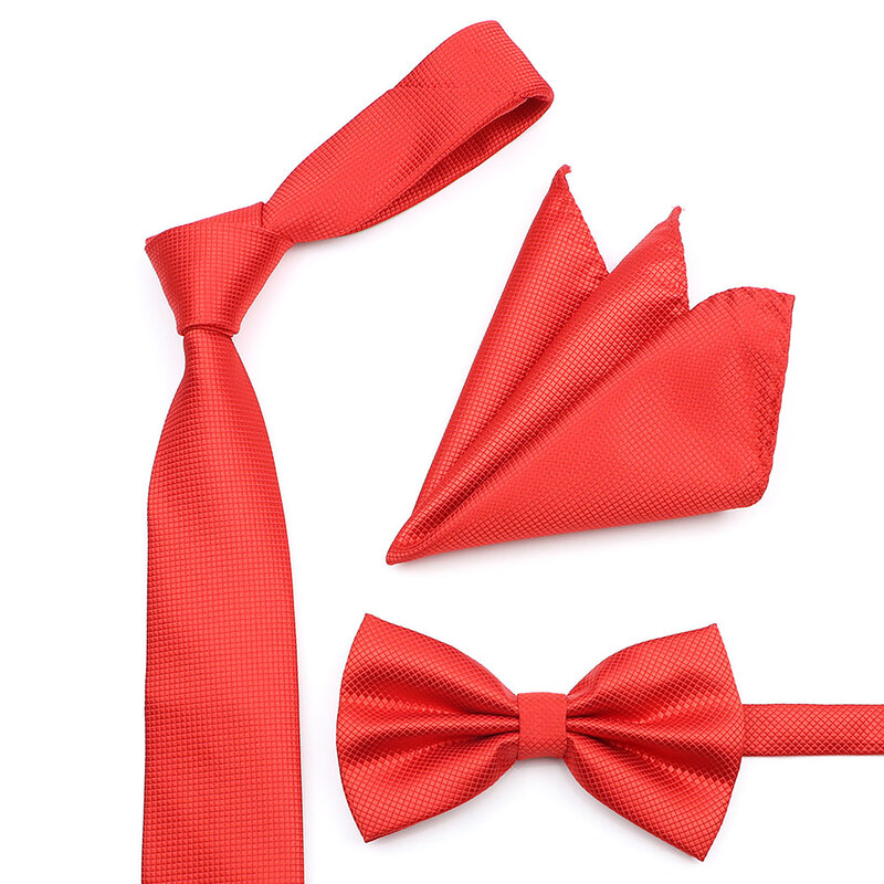 Ensemble de cravate classique en Polyester pour hommes, couleur unie, costume mouchoir avec nœud papillon, rouge et bleu pour marié, cadeau de fête, accessoire de chemise