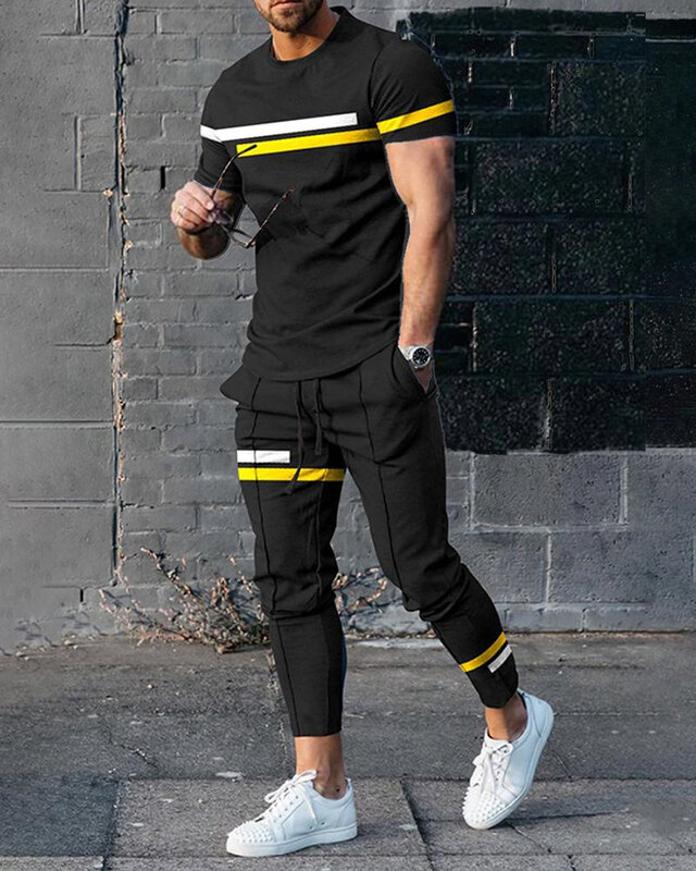 Conjunto de camiseta e calça listrada estampada em 3D masculina, emenda geométrica de mangas curtas, tamanho grande, moda luxuosa, novo, 2 peças