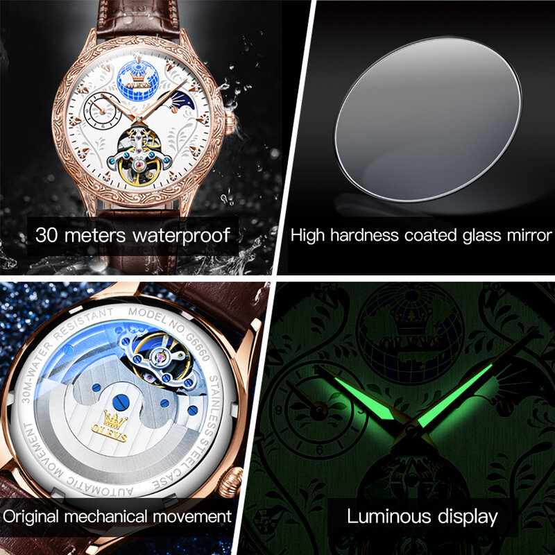 OLEVS-Relógio mecânico totalmente automático à prova d'água masculino, relógios texturizados de luxo, relógio de pulso oco fase lunar, caixa luminosa