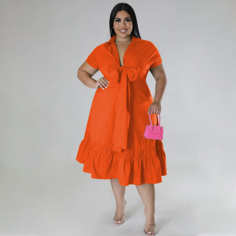 Plus Size Casual Rüschen Kleid XL-5XL V-Ausschnitt Kurzarm Schnürung Pilz Saum Halbkleider Streetwear Casual Frauen Vestidos 2023