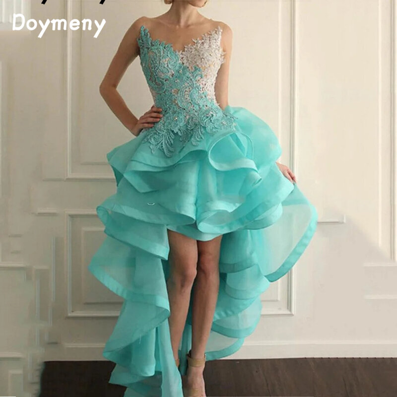 Doymeny High Low Organza Lace Appliques Ruffle Beaded A-line Prom Dresses Sleeveless Cocktail Homecoming Gowns
