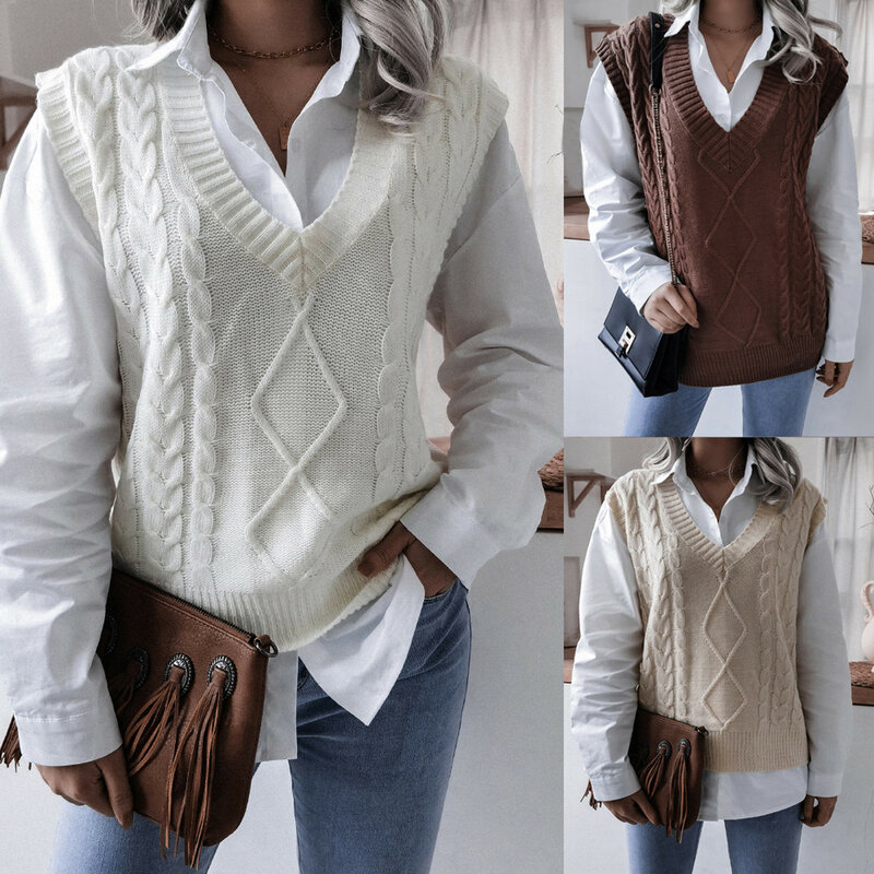 Solidny kolor sweter kamizelka damska jesienno-zimowa Retro dekolt w szpic bez rękawów swetry damski miękki, w stylu Basic sweter Oversize Top damski