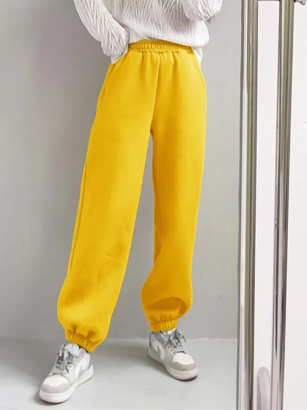 Calça jogger casual de veludo forrado feminina, quente, coreana, cintura alta, com renda, chique, neve, engrossar, inverno, 15 cores