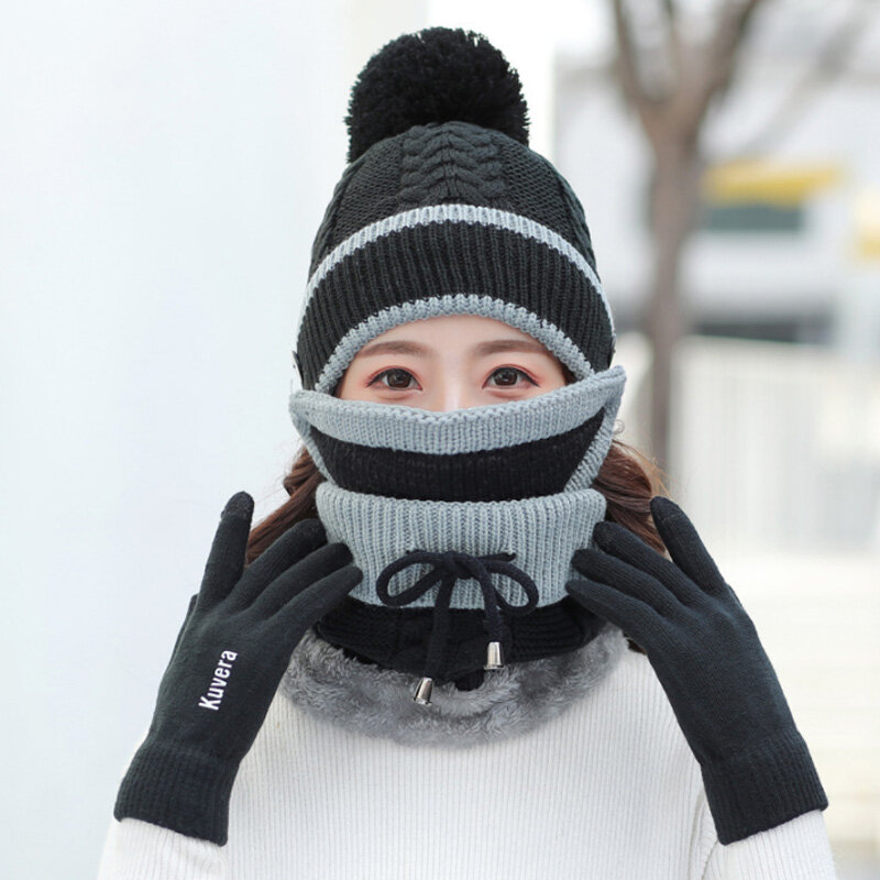 4pcs Fashion Women Knitted Hat Gloves Scarf Set Windproof Keep Winter Thick Warmer Mask High Quality Outdoor Cycling Ski