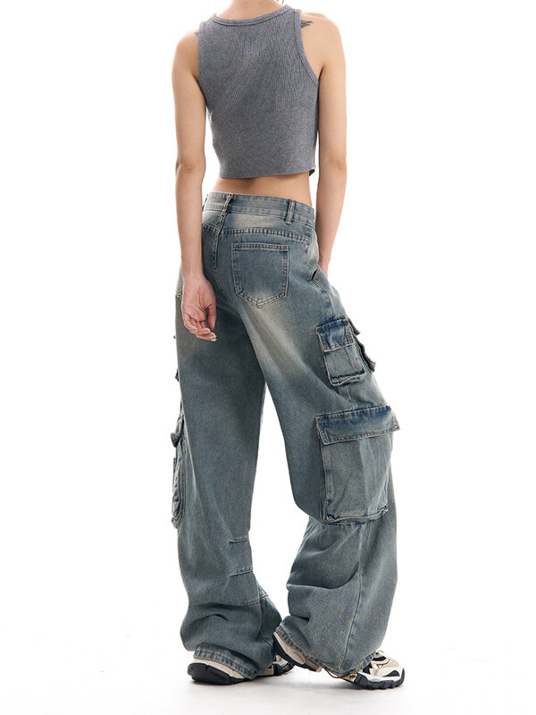 女性用ヴィンテージバギージーンズ,複数のポケット,デニムカーゴパンツ,カジュアルストリートウェア,ワイドレッグ,新しいファッション,2024