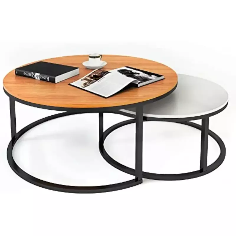 31.5 ''nowoczesny okrągły stolik kawowy zagnieżdżony (zestaw 2), ułożony w stos stół z okleiną z drewna przemysłowego i metalową ramą