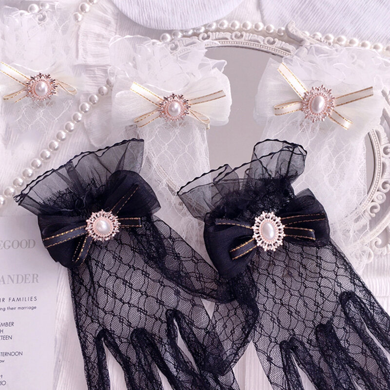 Lace Pearl Short Bridal Gloves Slim Bridal Bow Gloves Wedding Gown Accessories Birthday Performance Cosplay Women's Gloves