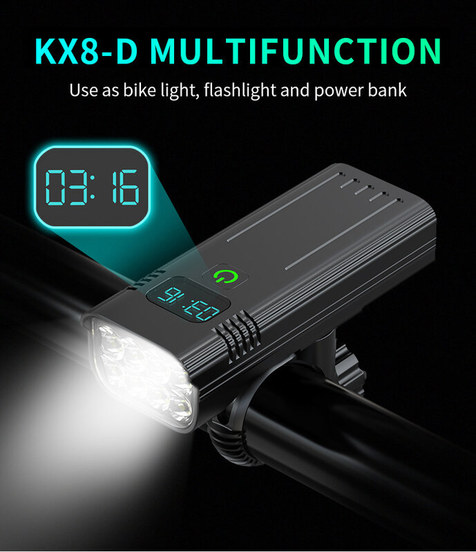 KX8D 자전거 헤드라이트, 강한 빛, 손전등, 사이클링 장비, 자전거 야간 라이딩 액세서리, 산악 조명