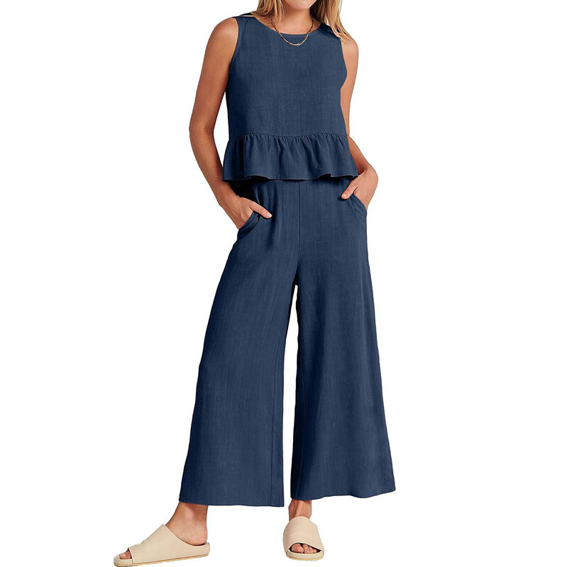 New Summer Women's Sleeveless Pleated Vest Wide Leg Nine-point Pants Casual Suit
