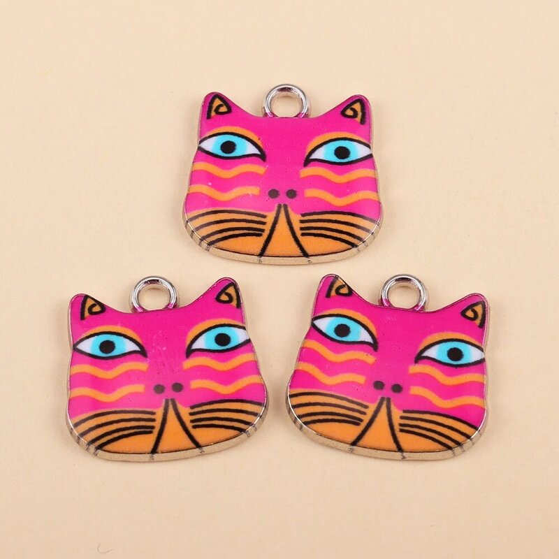 10 buah jimat kucing warna-warni Enamel berlapis perak untuk membuat perhiasan gelang hewan liontin kalung anting Aksesori DIY