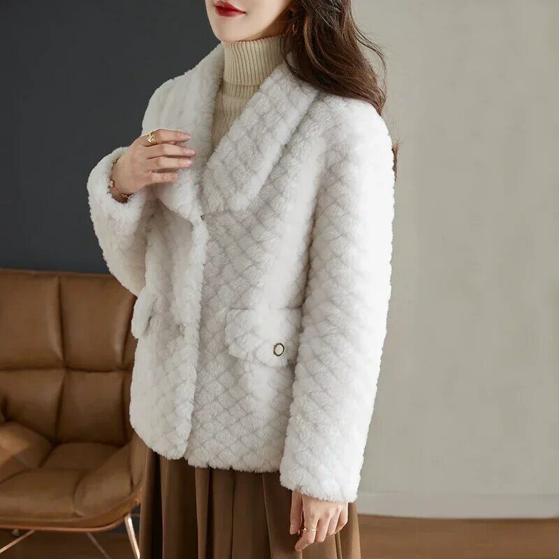 Jaket wol 100% wanita, mantel dan jaket wol berbutir-butir elegan musim dingin, mantel bulu domba Abrigo Mujer Invierno 2024