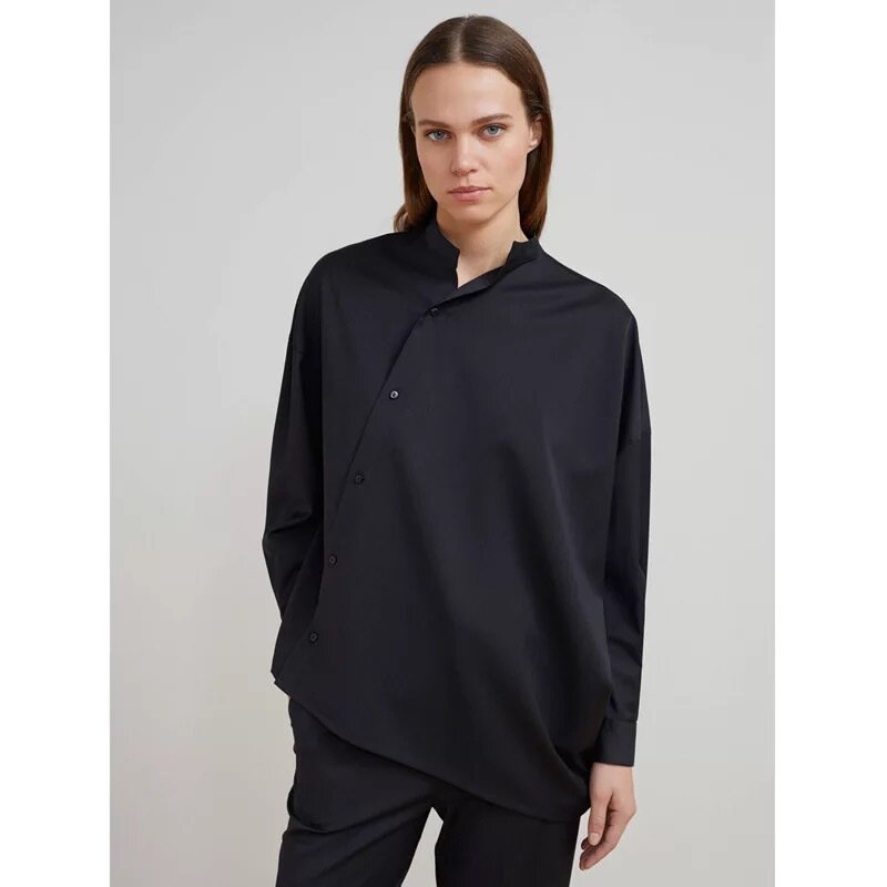 Toteme-非対称斜めの前立て,綿のシャツ,長袖,スタンドカラー,ファッション,デザイナー,秋,コレクション2022