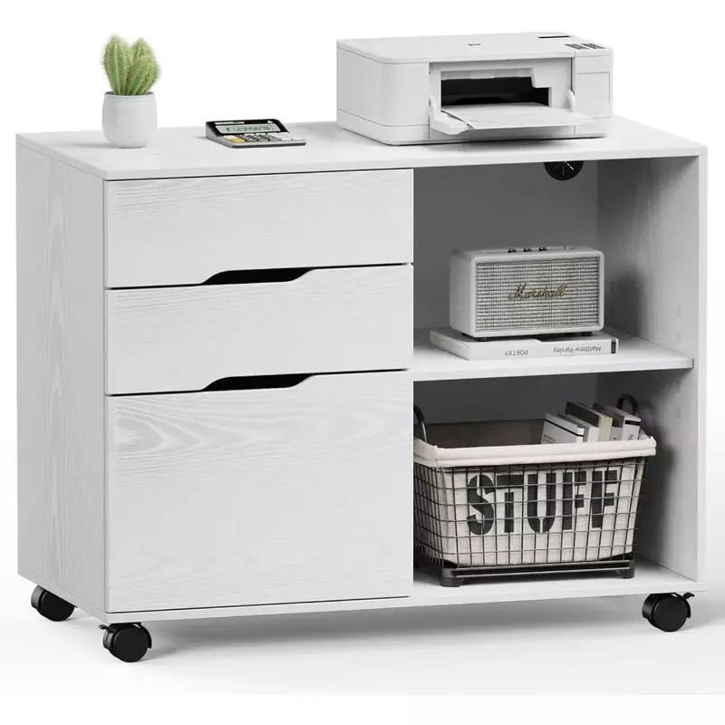 File Cabinet 3 Drawer - Printer Stand Lateral Mobile Under Desk Organizer Wooden with Wheels Adjustable Shelves for Home, Room