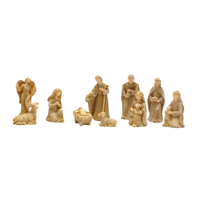 Set figurine per presepe da 10 pezzi, ornamento da tavolo per famiglia, scultura per presepe Natale