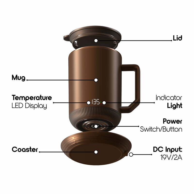 IonMug et sous-verre de chargement, 12oz. Tasse à café auto-chauffante en acier inoxydable avec couvercle, 3.5 po x 3.5 po x 5 po