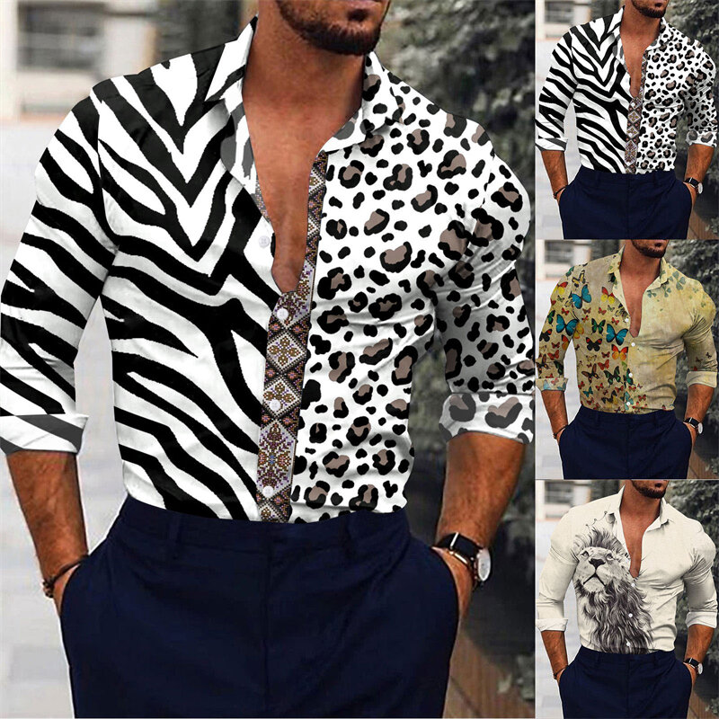 2024 Men's Stripe Pirnt Shirt Long Sleeve Casual Blouse Fashion Black and White Oversized Blouse Hawaii Shirt For Men Clothing