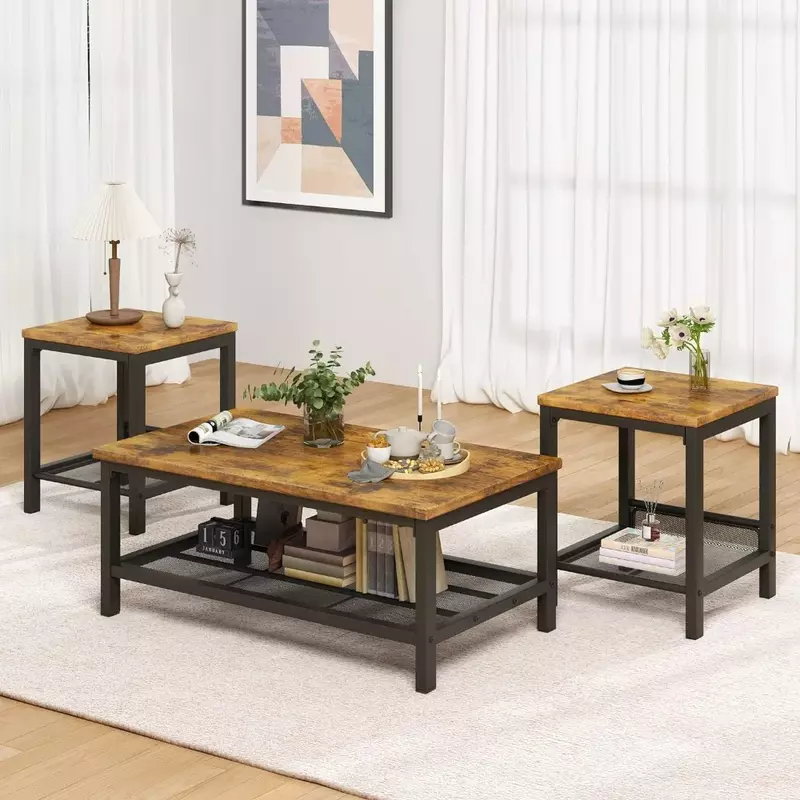 Ensemble de table basse avec cadre en métal, table basse industrielle, 2 tables d'appoint à bout carré, 3 pièces