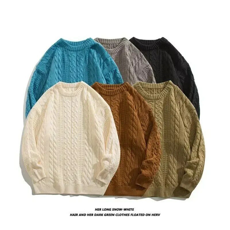 Camisola de malha manga comprida com gola O masculina, malhas masculinas, pulôver de lã, tops grandes, cor sólida básica, moda casual