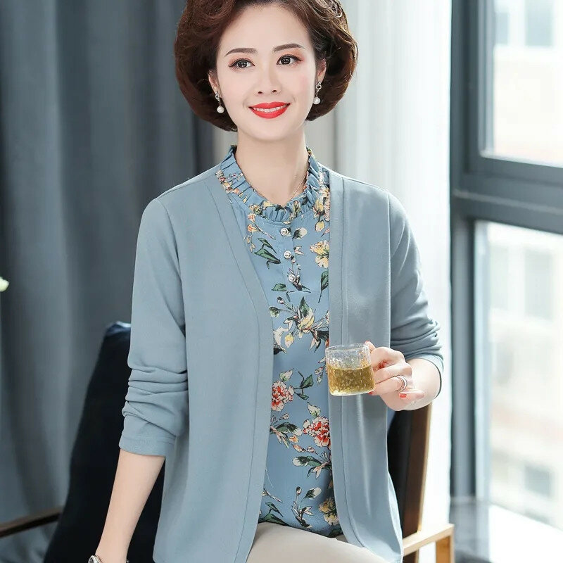 Middle Aged Elderly Women's T-Shirt Top 2024 New Spring Autumn Clothing Long sleeved Fake Two-Piece T-Shirt @ Pants 2 Pcs Suit