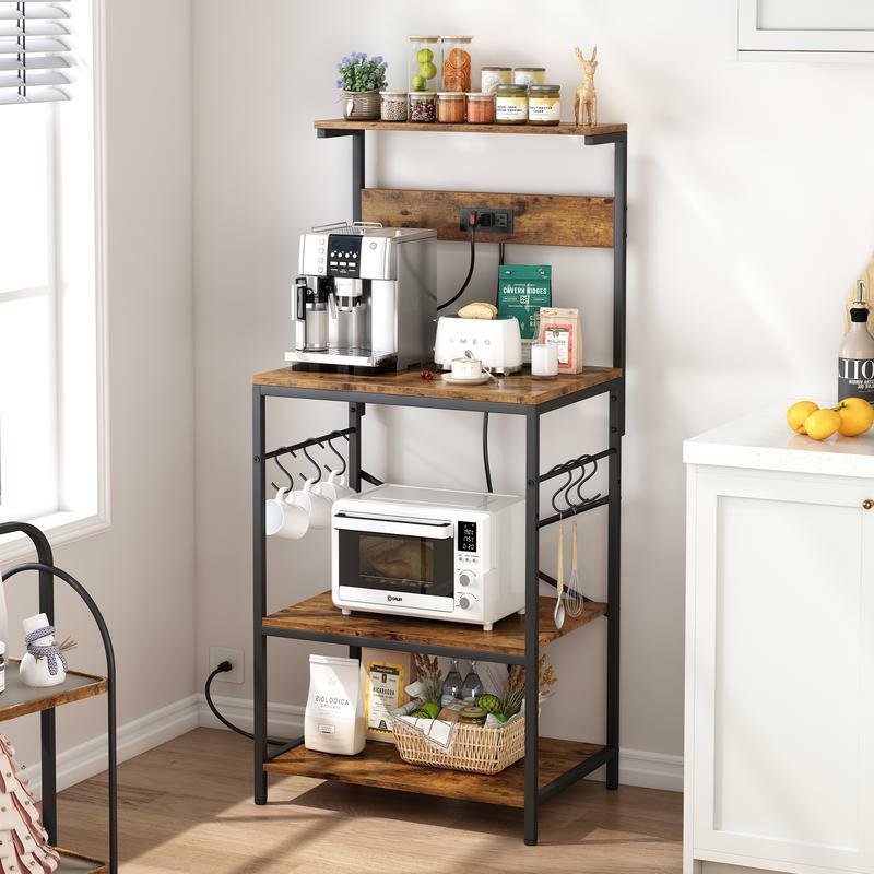 Kitchen Bakers Rack with Power Outlet, Coffee Bar Table 4 Tiers, Kitchen Microwave Stand with 6 S-shaped Hooks,