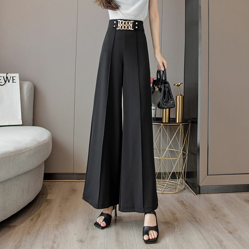Escritório senhora moda cintura alta metal emendado calças largas perna primavera verão elegante cor sólida calças casuais roupas femininas