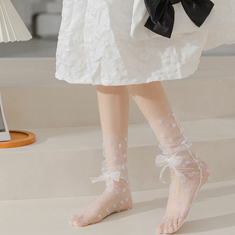 Fashion Breathable Star Flower Mesh JK Women Socks Medium Tube Socks Bow Silk Hosiery