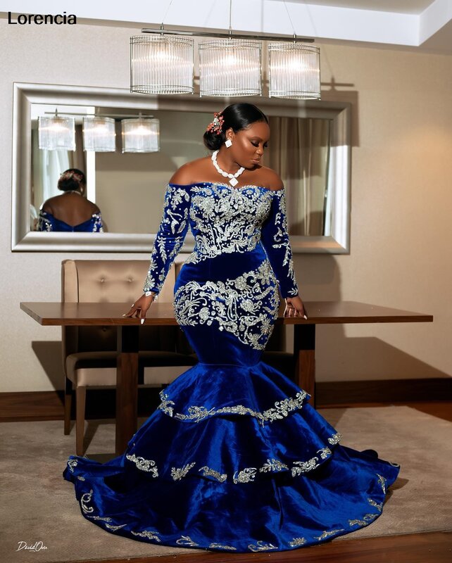 Lorencia-Africano Azul Real Sereia Prom Dress, manga comprida, Veludo Camadas, Aso Ebi, Ocasião formal, Vestido de festa, YPD18
