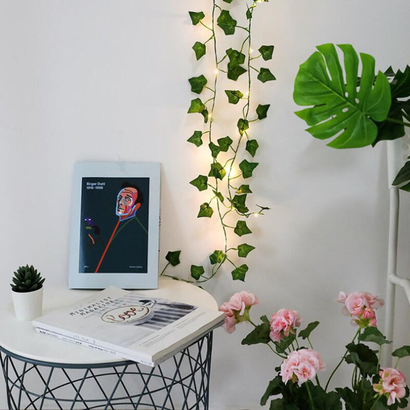 Sztuczne rośliny LED girlanda żarówkowa zielony liść stroik z bluszczu świecący bajkowy łańcuch lampa liście klonu