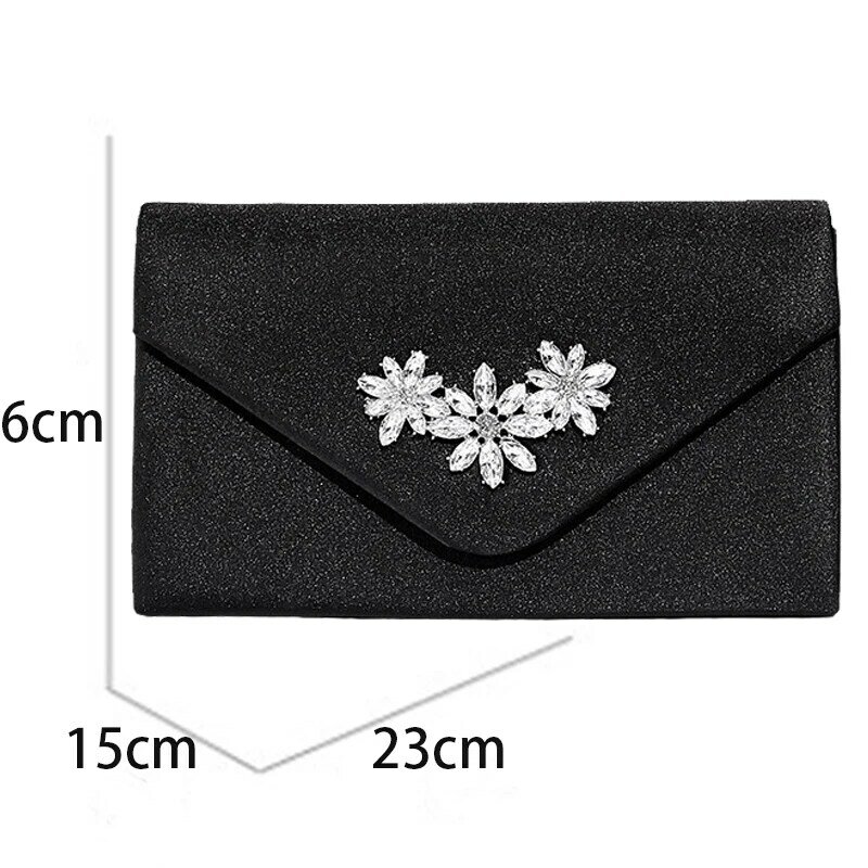 Satin Square Envelope Clutch Handbag with Crystal Diamond Floral Pattern Women Wedding Party Evening Purse Chain Shoulder Bag