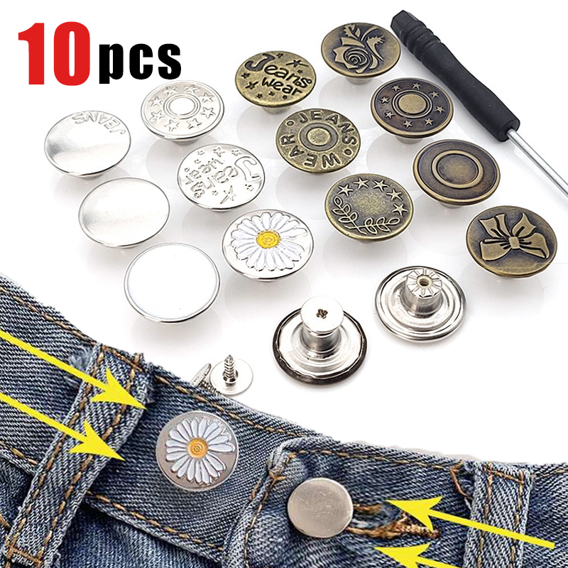 10pcs Detachable Jeans Buttons Adjustable Free Waist Repair Retro Metal Buttons 17/20mm Sewing-Free Alloy Buckles Pants Pin Snap