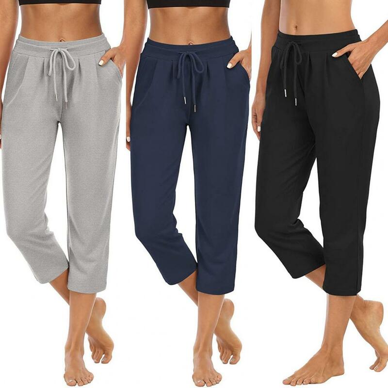 Pants Women Cropped Trousers Casual Sweat Absorbent Sporty Solid Color Drawstring 3/4 Pants