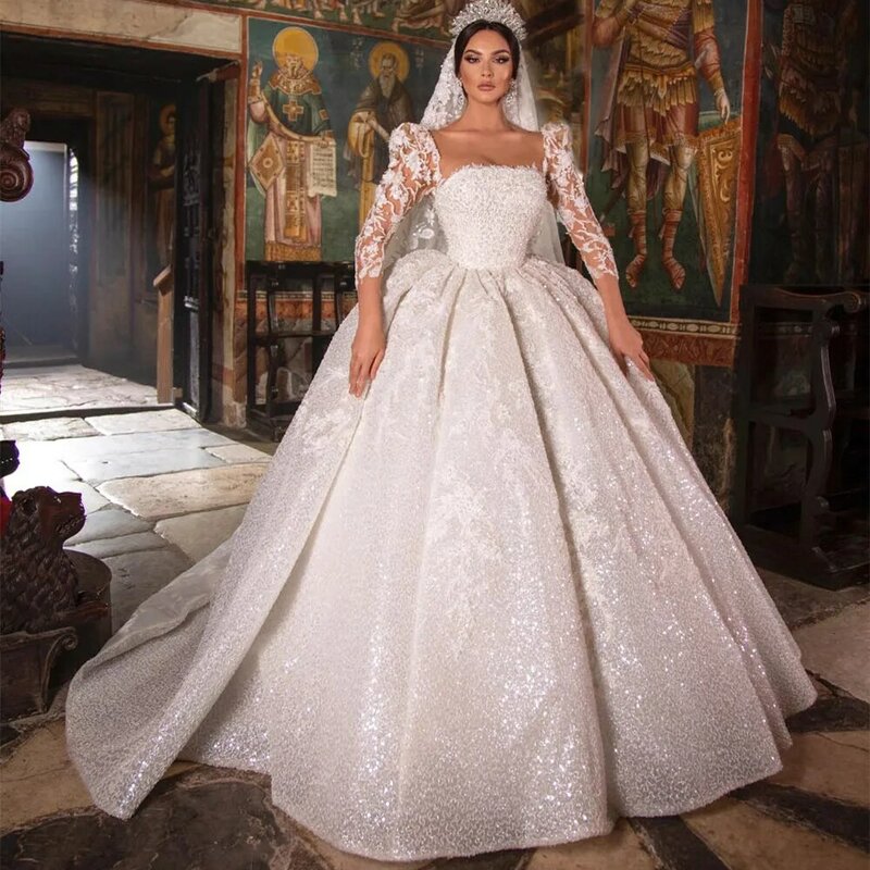 فساتين زفاف مذهلة سباركلي الأميرة الكرة ثوب نفخة طويلة الأكمام الدانتيل 2022 دبي زي العرائس الرقبة مربع اللؤلؤ الملكي