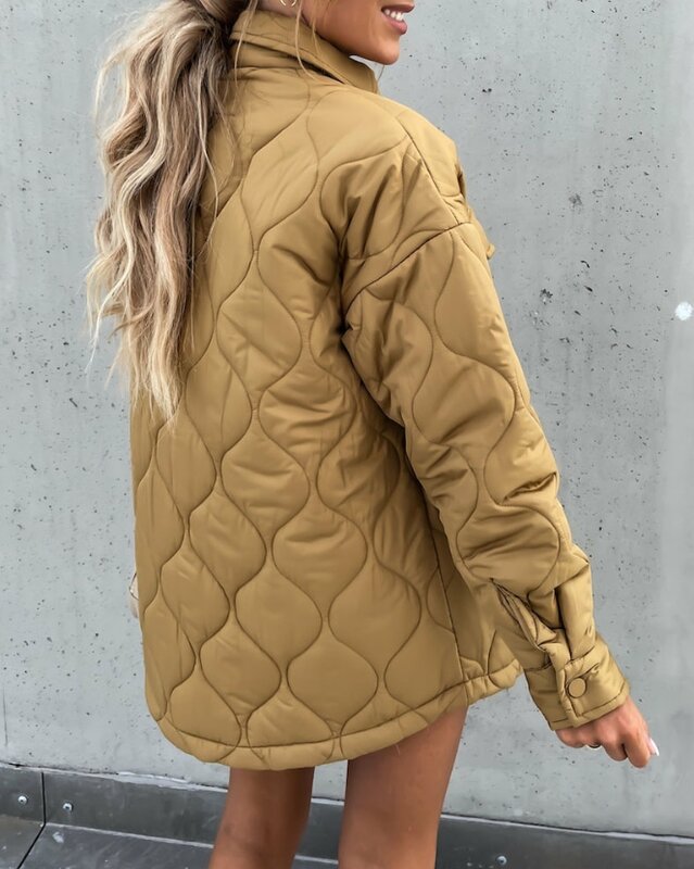 Woman Fashion Long Sleeve Snap Button Flap Detail Puffer Coat Temperament Commuting New Winter Woman Casual Puffer Jacket
