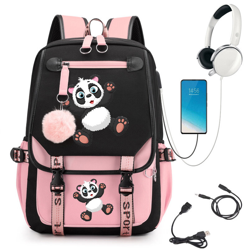 Podstawowe plecaki szkolne plecak Panda torby szkolne Anime ładujące torebki z Usb nastolatki plecak z plecakiem Kawaii