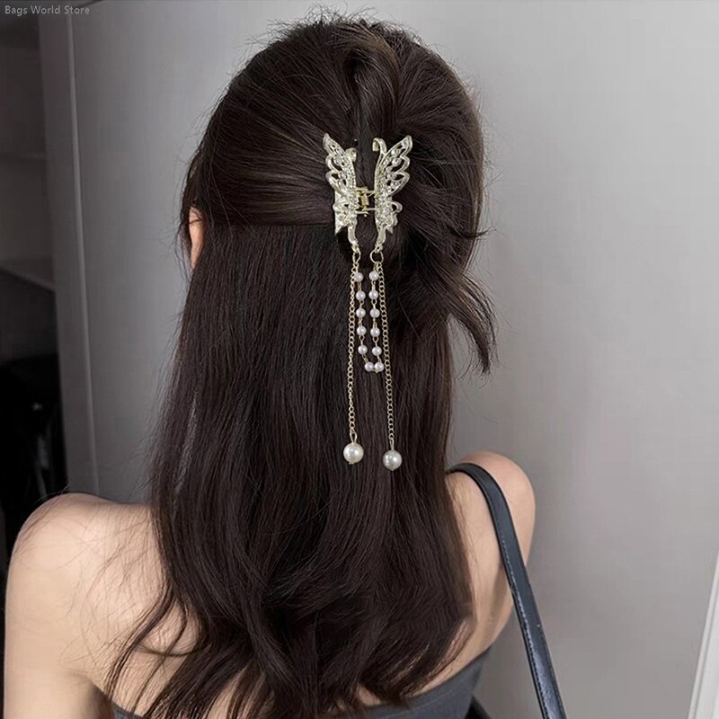 Clipe de cabelo borboleta de metal com borla para mulheres, simples cabelo garra, pin, pérola, pingente, acessórios, par
