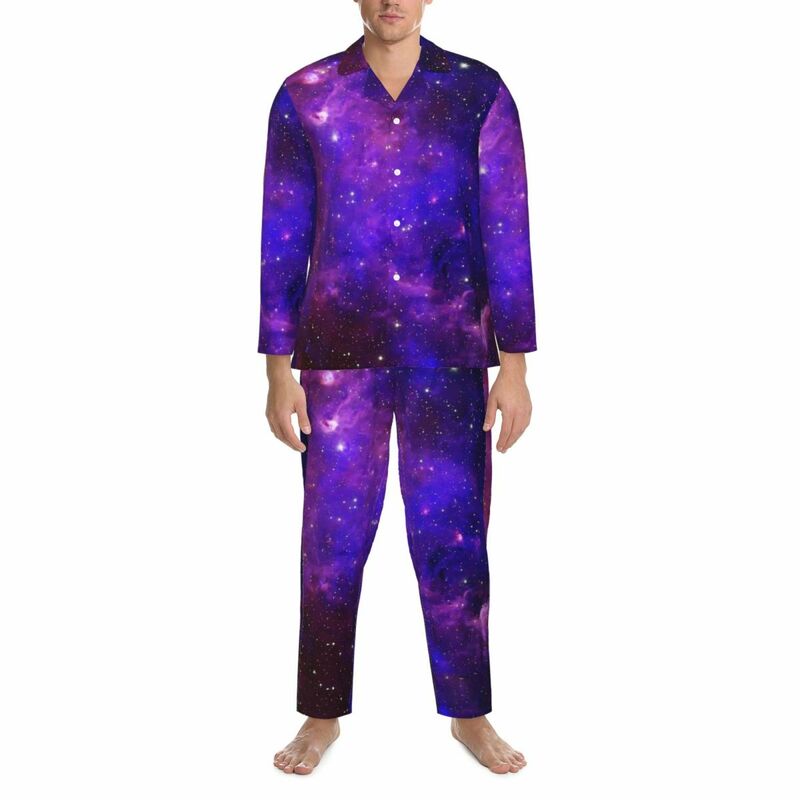 Pijama con estampado de galaxia púrpura para hombre, ropa de dormir Vintage, conjunto de 2 piezas, manga larga, cómodo, traje de gran tamaño para el hogar