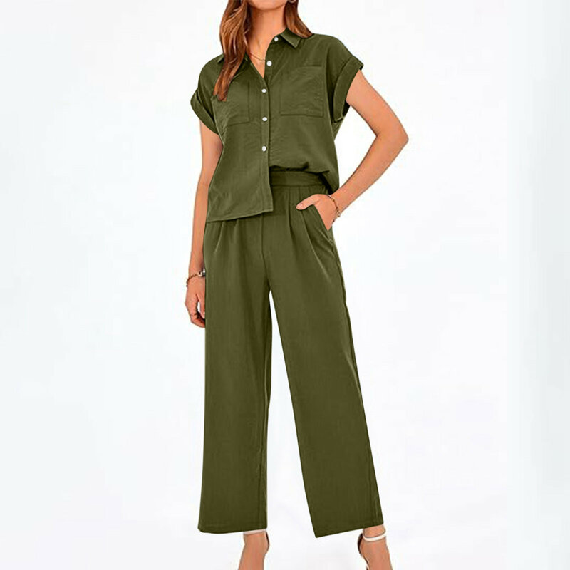 Women Suit Fashion Solid Color Button Short Sleeve Top Shirt And Loose Wide Leg Trousers Set Suit Elegant Office Two Piece Suit