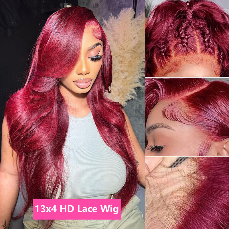 Perruque Lace Front Wig Body Wave Naturelle Cheveux Humains, Couleur Bordeaux 99j, 13x4, 13x6, Pre-Plucked, Transparent, HD, pour Femme