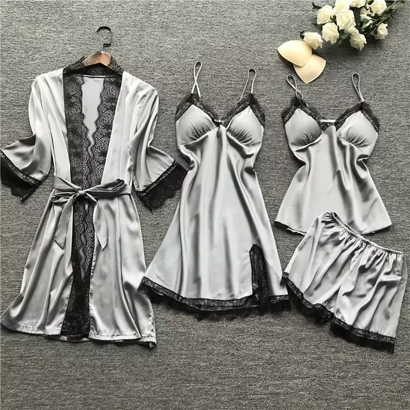 Baju tidur sutra wanita baju tidur renda jubah gaun piyama Set pakaian dalam Satin untuk wanita cakupan penuh daster Lingerie seksi