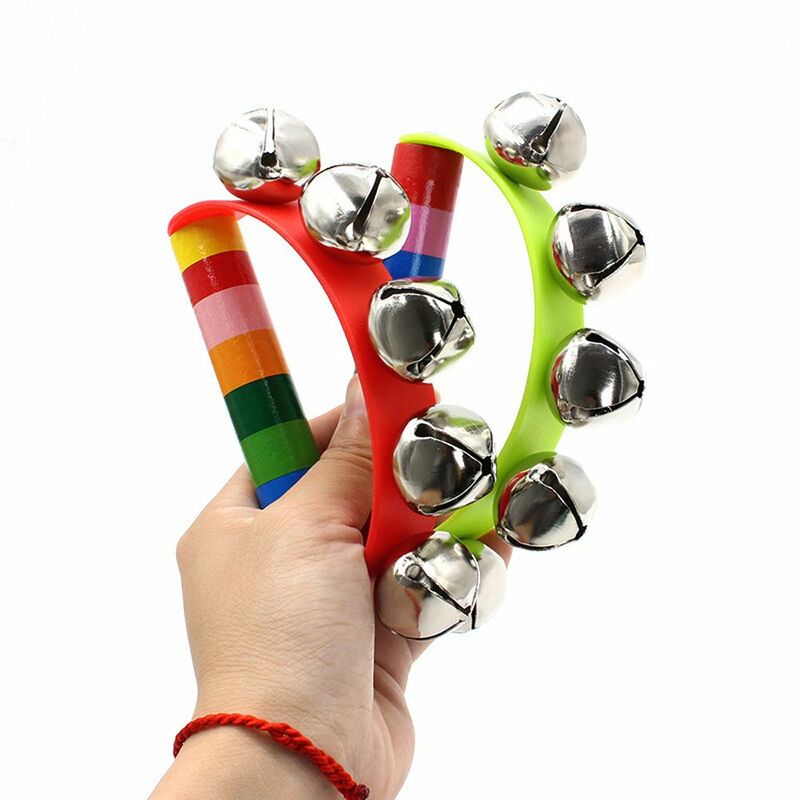 Regalo per bambini giocattoli per bambini attività campana 5 Jingle Stick sonaglio a mano sonaglio giocattolo campana arcobaleno sonaglio in legno sonaglio per bambini