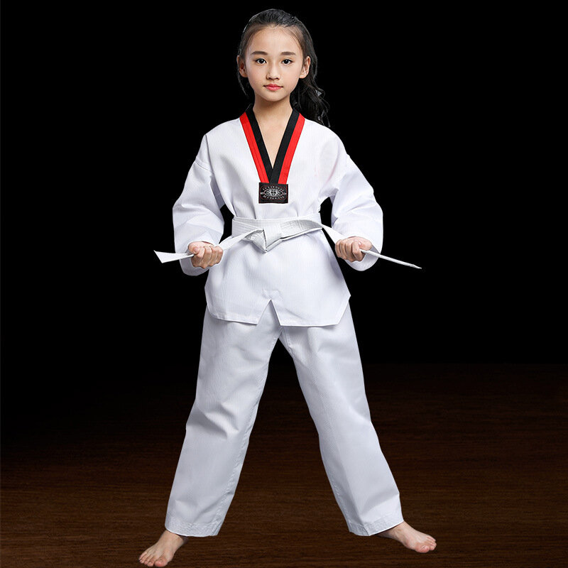 2023 Unisex kostiumy TKD białe stroje z długim rękawem Taekwondo Uniform WTF Karate Judo Dobok Suituit dziecięce stroje dla dorosłych Gi