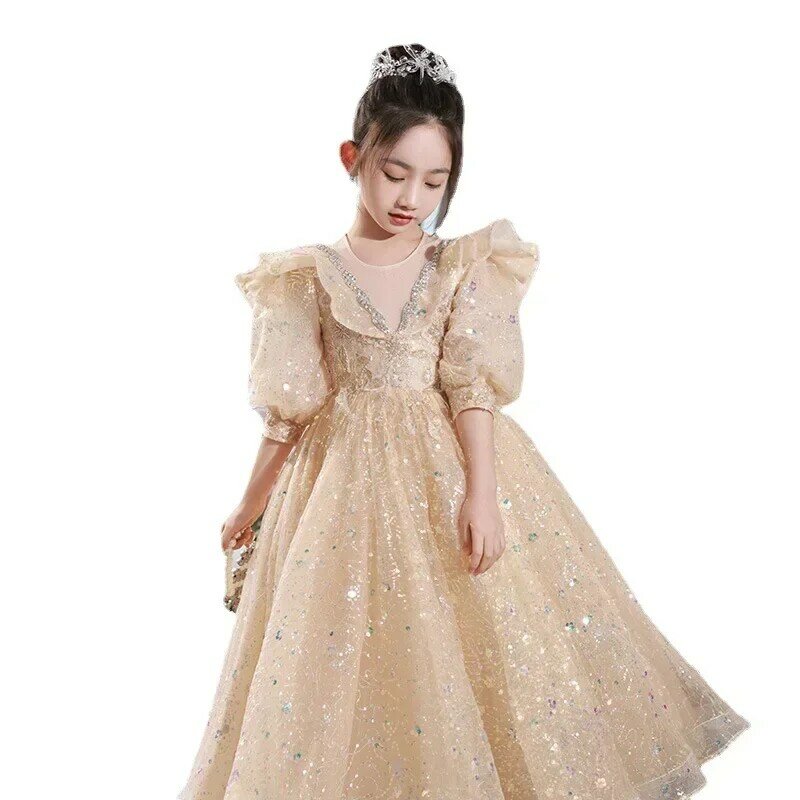 Vestido de princesa infantil, desfile feminino, fios fofos, apresentador, apresentação de piano, Primavera, 2024
