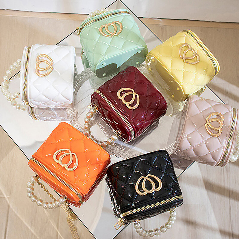 Модная маленькая сумка-мешок в Корейском стиле, дамская сумочка, мини-сумка для девочек, сумка из ПВХ с жемчужной цепочкой, сумка-желе, простая сумка через плечо с ромбом