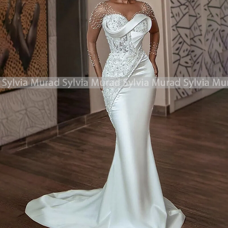 Luxury Beads Lace Wedding Dress Sheer Long Sleeves Mermaid Deep V Neck Sweep Train Trumpet Dresses Bridal Gown