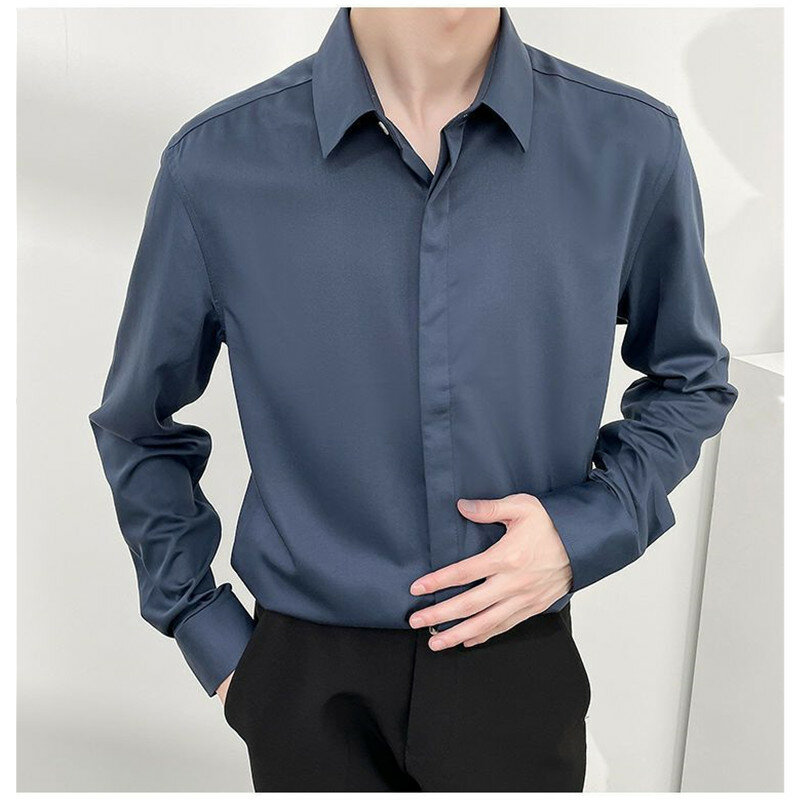Męska wysokiej jakości koszula z jednolity kolor, długi rękawem koreański styl Hiden-koszula męska Trend luźne przystojne męskie topy B0010