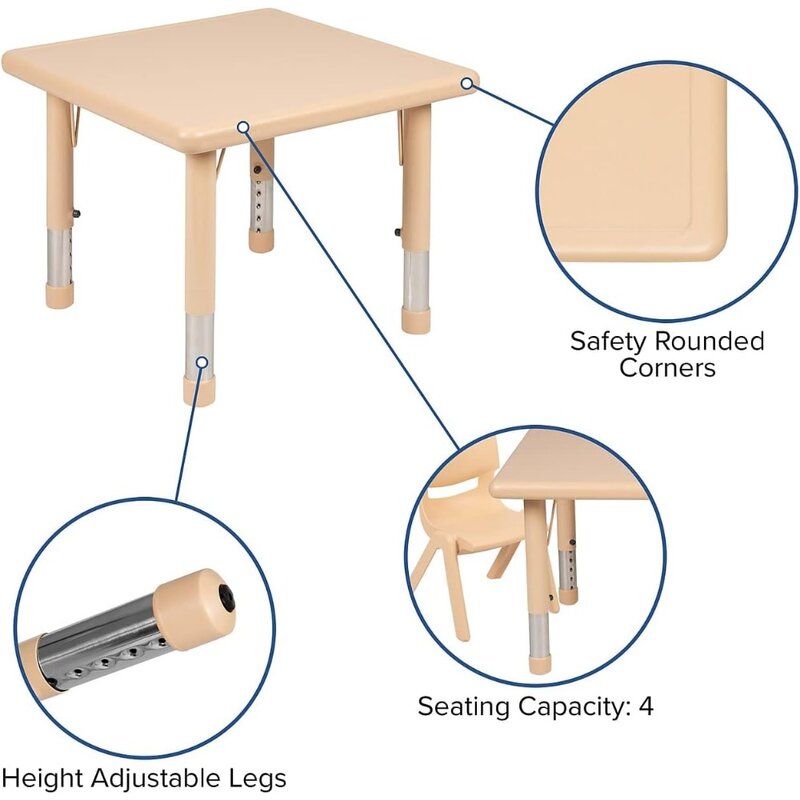 Furnitur meja dan kursi anak-anak, meja kegiatan persegi tinggi plastik alami dapat disetel dengan 4 kursi, meja dan kursi