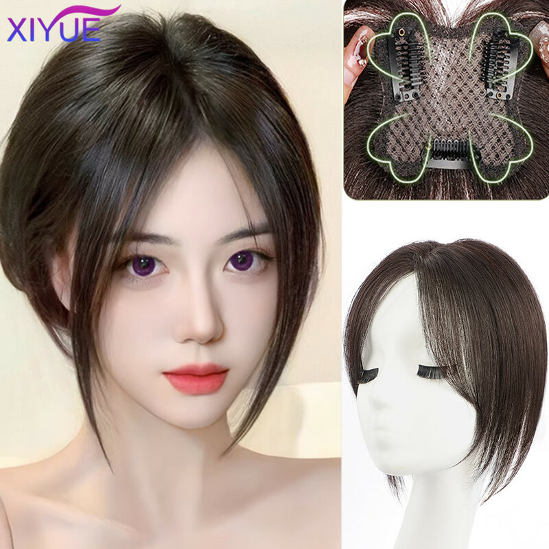 XIYUE parche de peluca con flequillo de trébol de cuatro hojas para mujer, reparación de cabello superior, parche de cabello sintético esponjoso