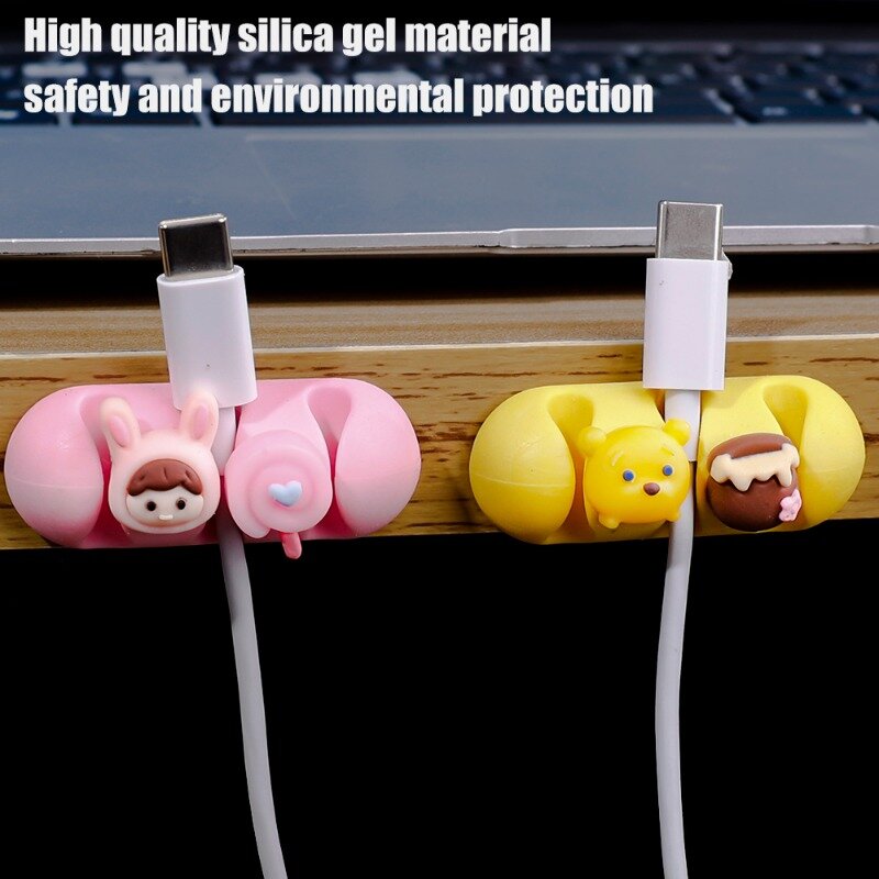 4/1Pcs Cartoon Adhesive Cable Organizer Clips Silicone Cable Winder 3 Holes Desktop Earphone Wire Holder For Home Office Use